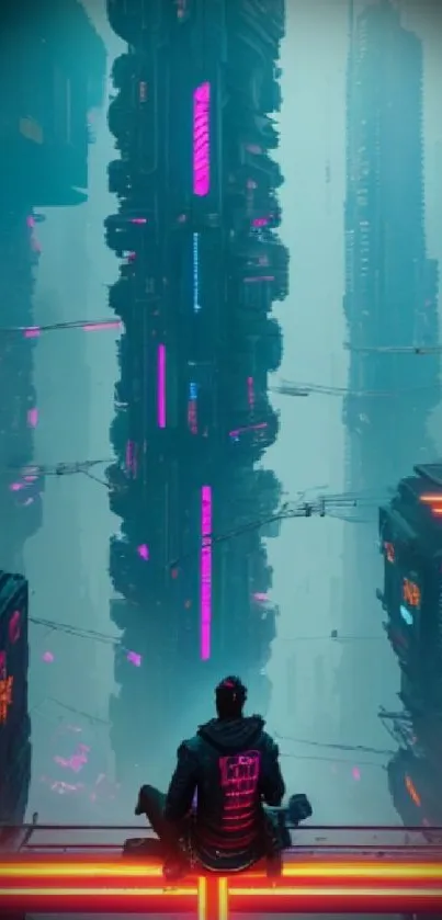 Cyberpunk cityscape with neon lights and a lone figure in a futuristic setting.