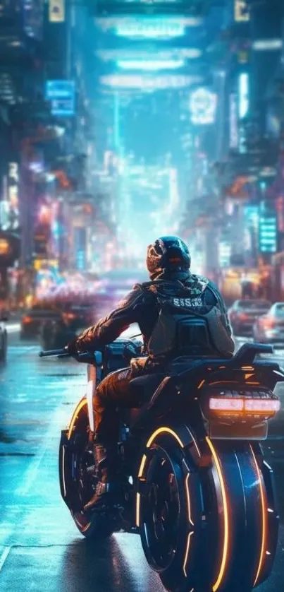 Futuristic rider on motorcycle in a neon-lit cyberpunk cityscape.