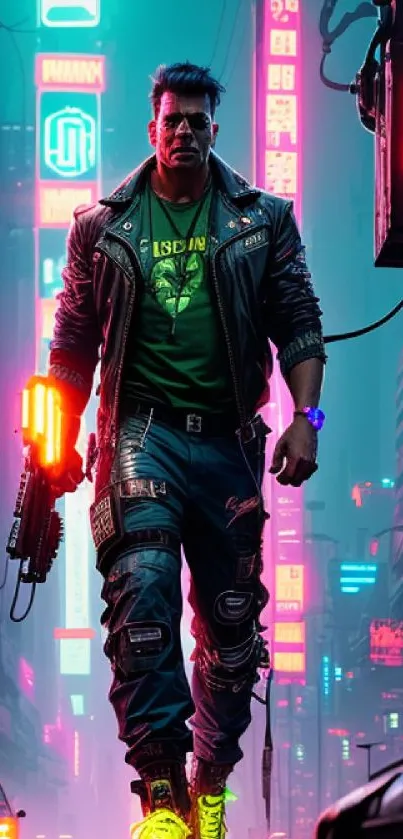 Futuristic cyberpunk soldier walking in neon-lit city street.