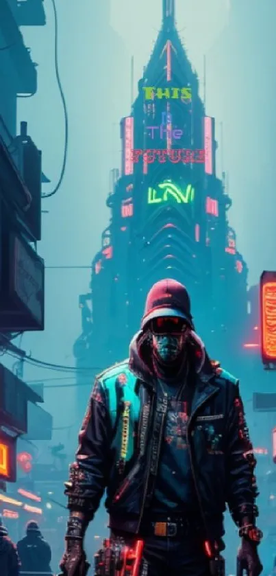 Futuristic figure in a neon-lit cyberpunk city.