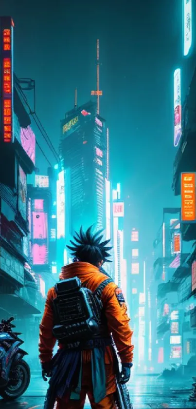 Futuristic figure in neon-lit cyberpunk city.