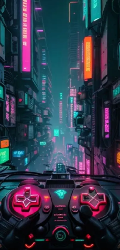 Neon cyberpunk cityscape with controller in foreground depicting futuristic vibes.