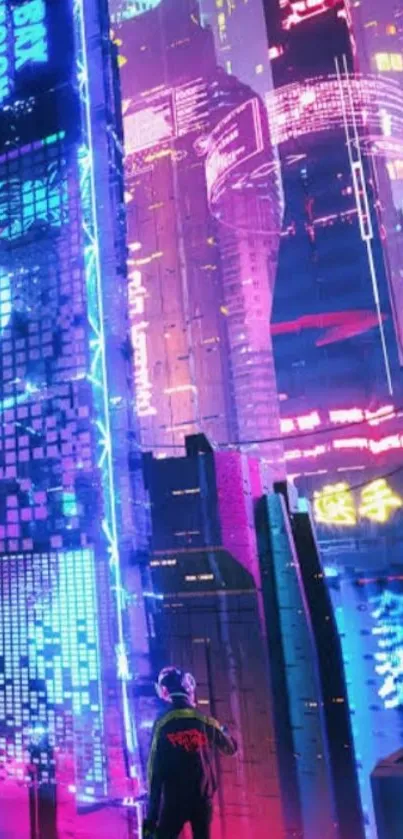 Vibrant neon cityscape with futuristic architecture and glowing urban lights.