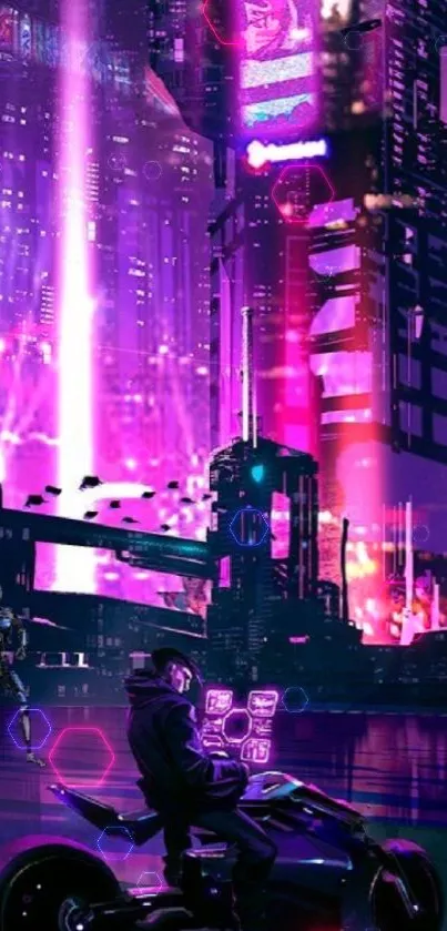 Futuristic cyberpunk cityscape with neon lights and motorcycle.
