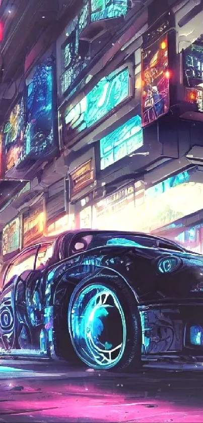 Futuristic car in a neon-lit cyberpunk cityscape artwork.