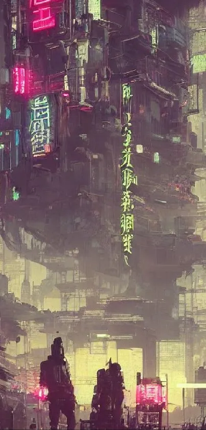 Futuristic cyberpunk cityscape with neon lights and towering structures.