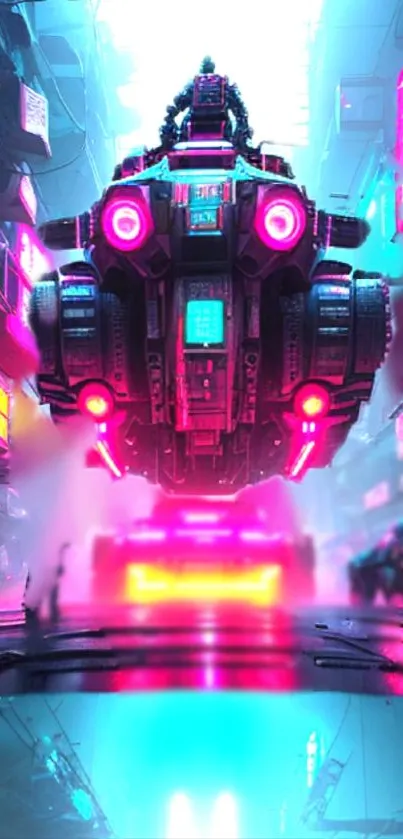 Futuristic neon-lit cyberpunk cityscape with hovering vehicle.