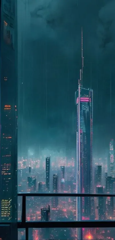 Futuristic cityscape with neon lights and towering skyscrapers in a cyberpunk style.