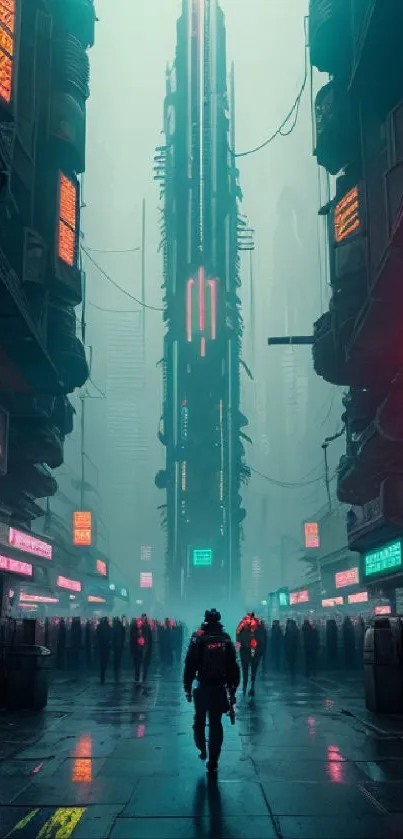 Futuristic cyberpunk cityscape with neon lights and towering skyscrapers.