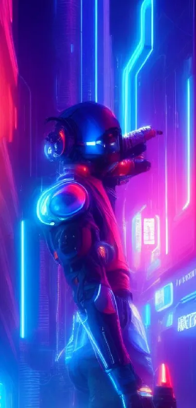 Futuristic figure in neon-lit cyberpunk city, vibrant colors.