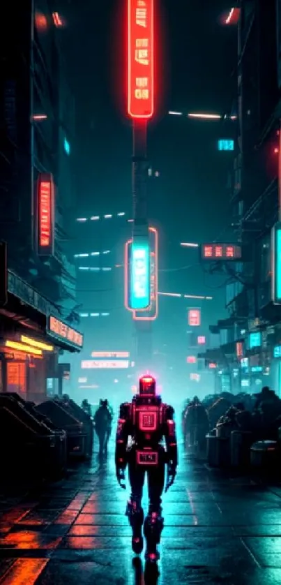 Neon-lit cyberpunk city with humanoid robot and glowing lights.
