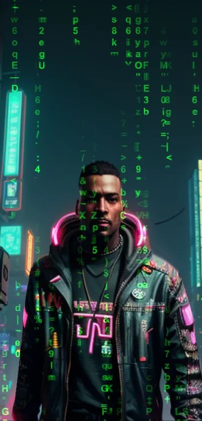 Futuristic individual in cyberpunk city with neon and digital elements.