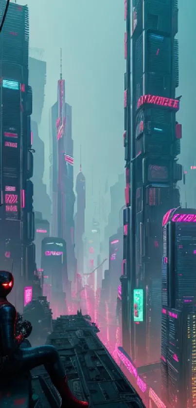 Futuristic cyberpunk cityscape with neon lights and high-rise buildings.