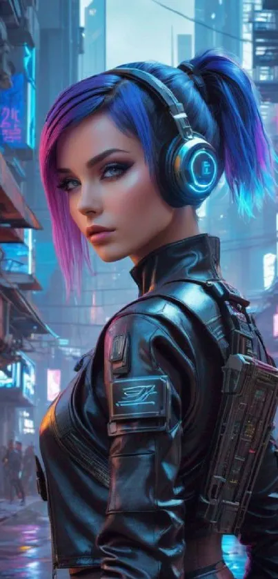 Futuristic character with headphones in a cyberpunk cityscape.