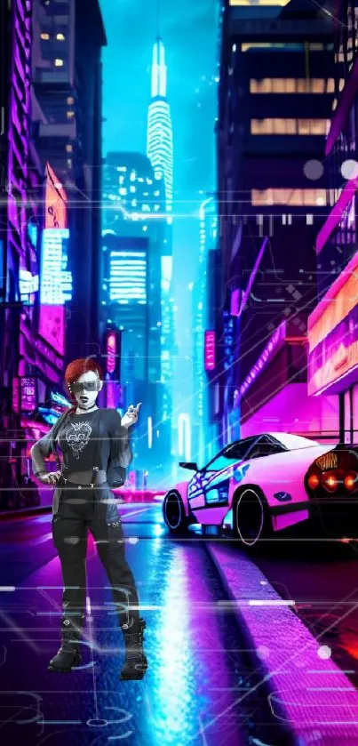 Cyberpunk cityscape with neon lights and a futuristic car at night.