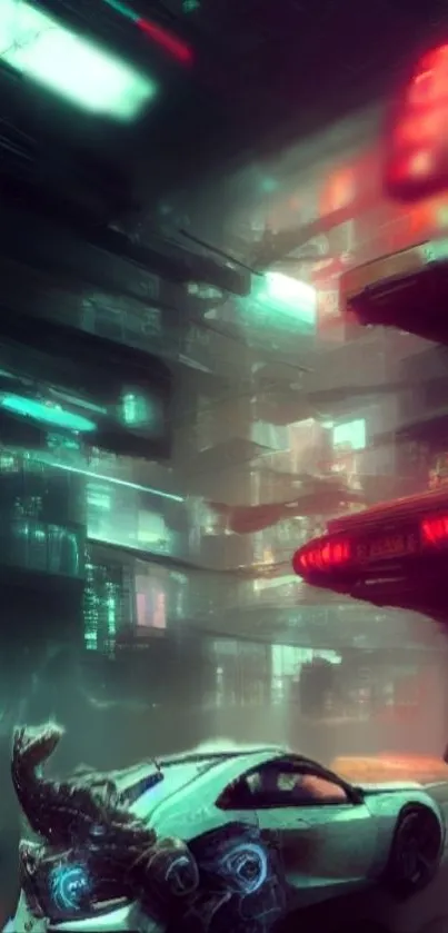 Futuristic cyberpunk cityscape with neon lights and sleek car.