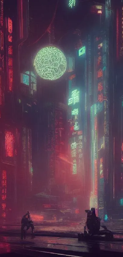 Futuristic cyberpunk cityscape with neon lights and towering skyscrapers.