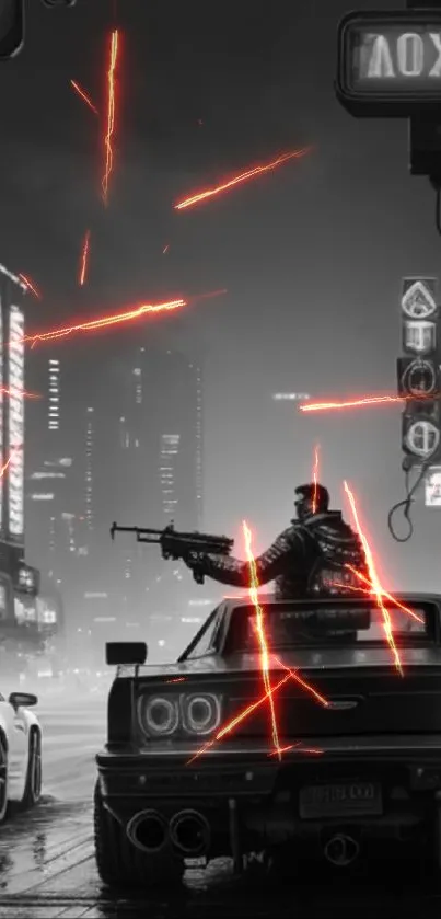 Futuristic cityscape with gunman and car, highlighted by red streaks.