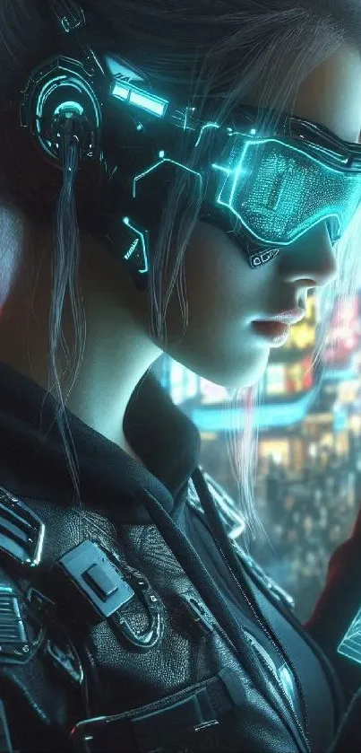 Woman with neon visor in futuristic cityscape holding a glowing tablet.