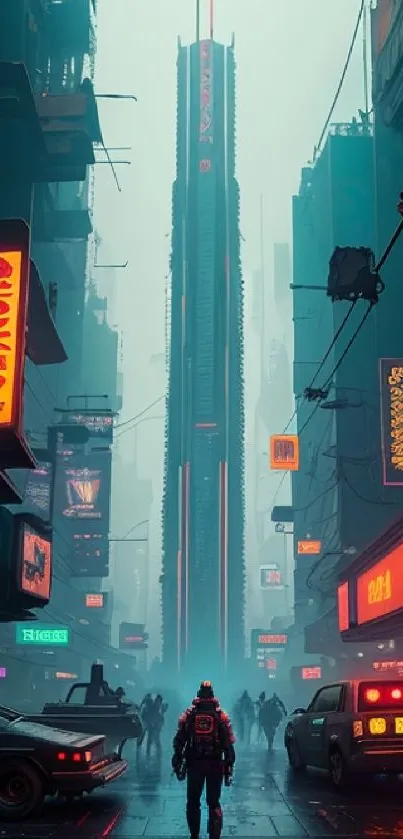 Cyberpunk cityscape with neon lights and a futuristic atmosphere.