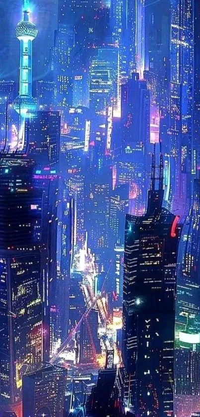 Futuristic neon cyberpunk cityscape art.