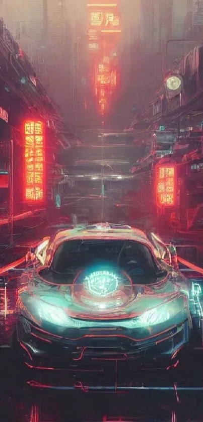 Futuristic cyberpunk cityscape with neon lights and car.