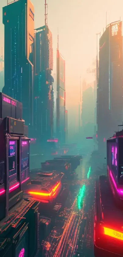 Cyberpunk cityscape with neon lights and tall futuristic buildings in vibrant hues.