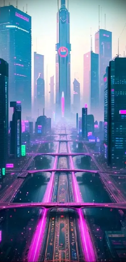 Futuristic cyberpunk city with neon lights and towering skyscrapers.