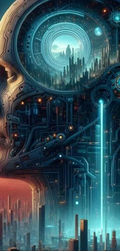Futuristic cityscape embedded within a human mind.