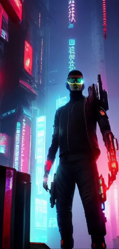 Futuristic character in neon-lit cyberpunk cityscape wallpaper.