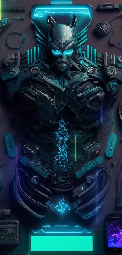 Futuristic cyberpunk art with neon blue robotics and tech elements.