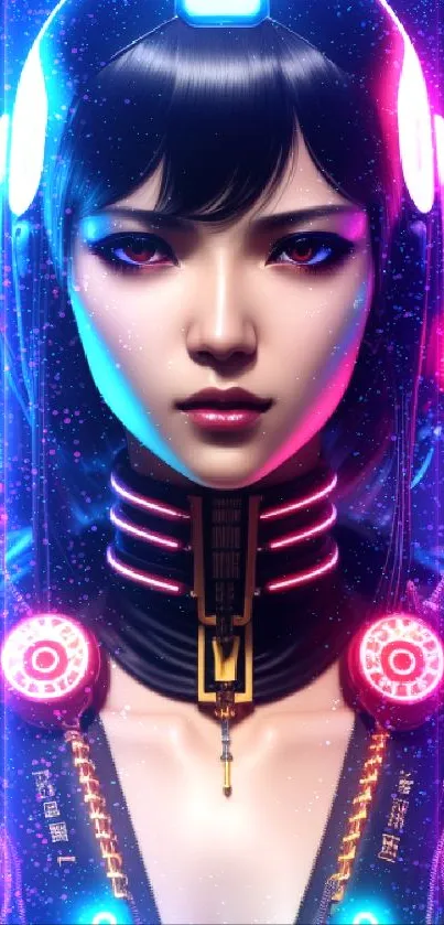 Futuristic cyberpunk female android with neon accents in digital art style.