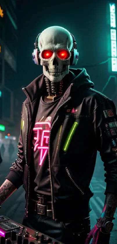 Futuristic cyberpunk DJ with a glowing skull amid neon cityscape.