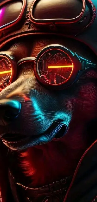 A cyberpunk style dog in neon colors with goggles, perfect for wallpaper.