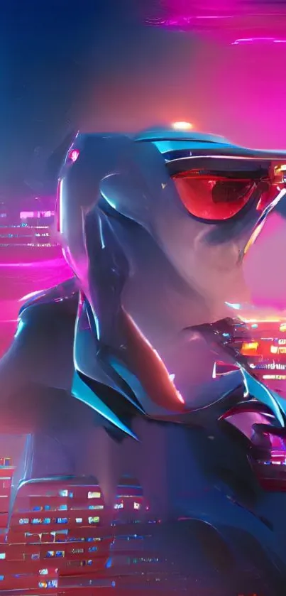 Futuristic cyberpunk dog in neon colors with a magenta and blue background.