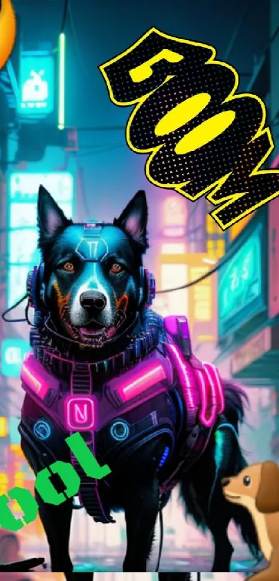 Cyberpunk dog with neon lights in futuristic urban scene.