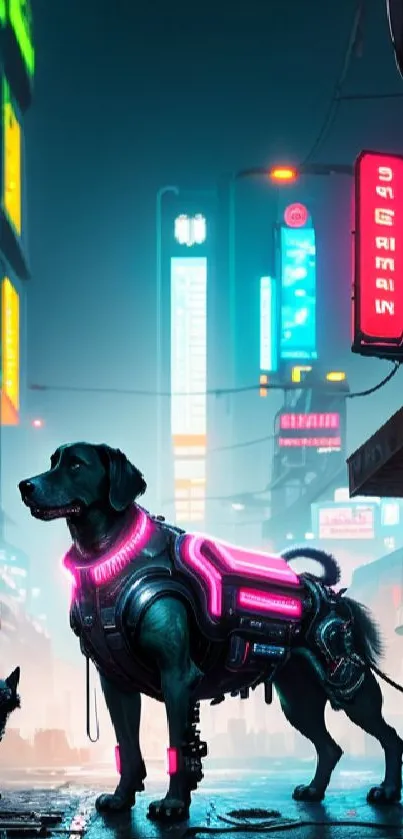 Neon-clad dog in a cyberpunk cityscape with colorful street lights.