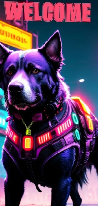 Cyberpunk dog in a neon cityscape with vibrant colors.