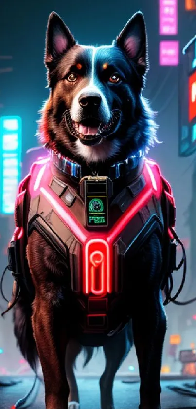 Cyberpunk dog in neon-lit cityscape, wearing a glowing harness.