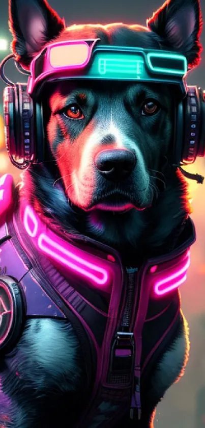 A cyberpunk dog in neon gear set against a futuristic cityscape.