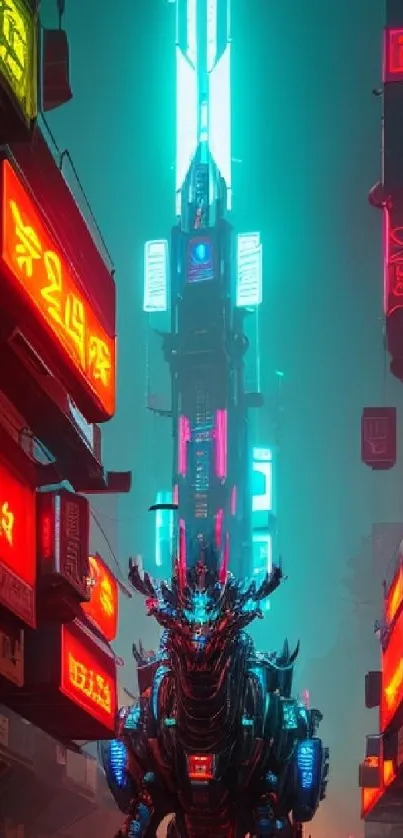 Cyberpunk scene with a neon-lit robotic dragon and cityscape.