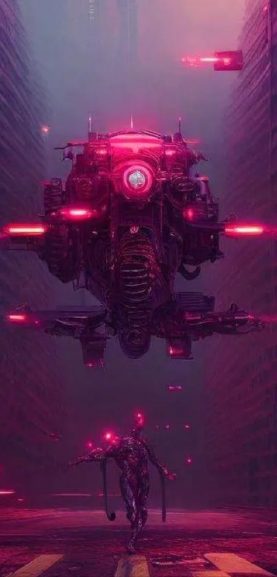 Futuristic cyberpunk scene with neon-lit drone and city.