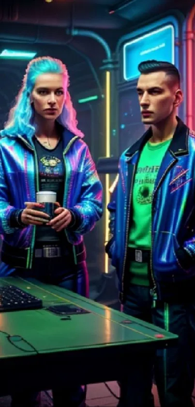 Futuristic cyberpunk duo in neon jackets and colorful digital setting.