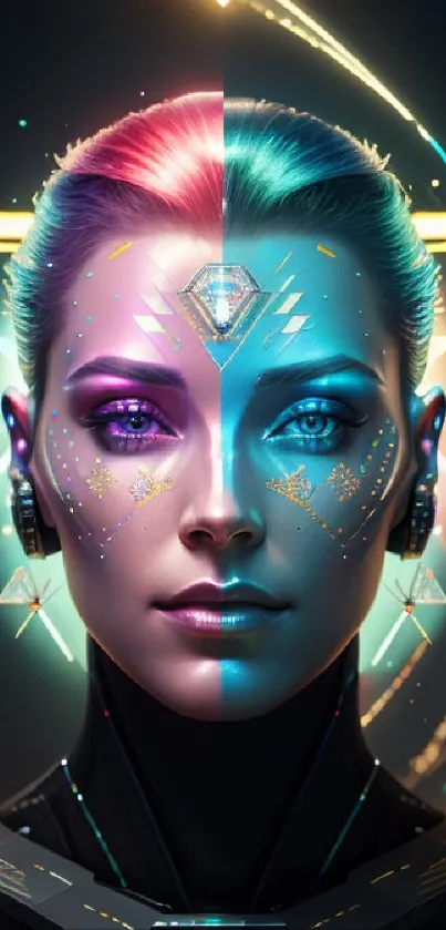 Futuristic cyberpunk face with vibrant digital art in blue tones.