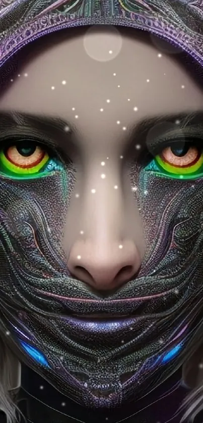 Futuristic cyberpunk face with vibrant colors and intricate designs.