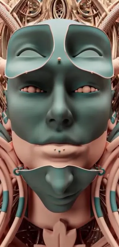 Futuristic teal cyberpunk face with metallic details.