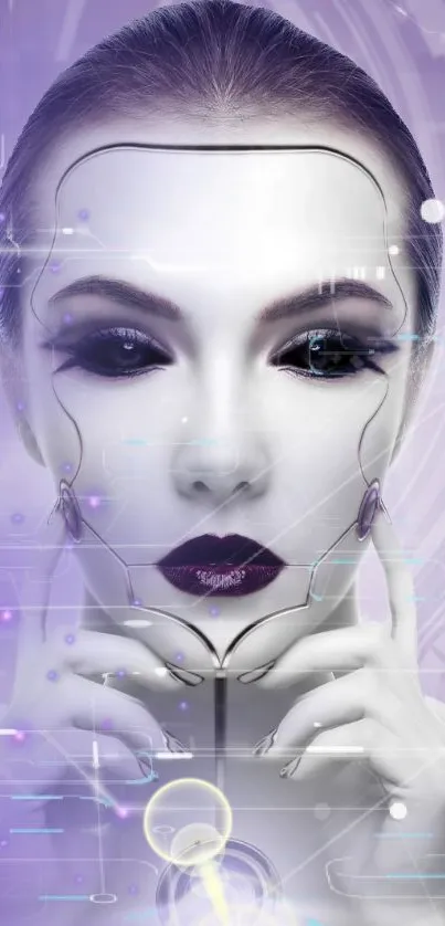 Futuristic cyberpunk face with purple hues and digital elements.