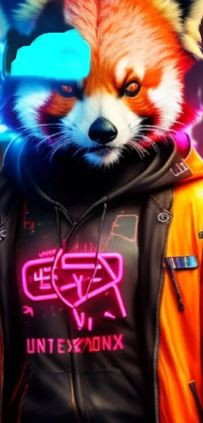 Futuristic red panda in cyberpunk neon art scene.