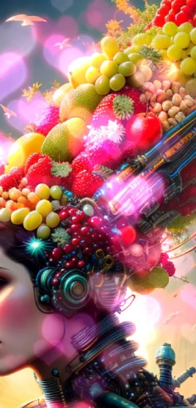 Futuristic figure with a vibrant fruit headpiece in cyberpunk style.