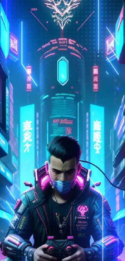 Futuristic cyberpunk wallpaper with a gamer immersed in a neon-lit urban environment.